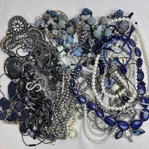 Craft Jewelry Lot - 3 lbs Blue Navy Grey Pearl Beads Stones Necklaces & More